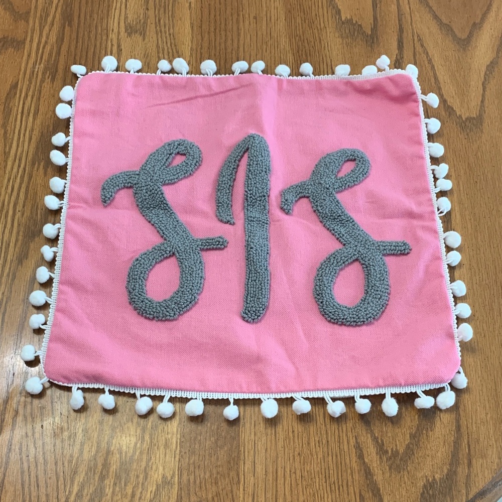 Pink Pillow Cover and Pillow with Gray SIS Embroidery